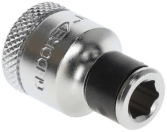 Metal socket extension with a knurled handle, suitable for use with a spanner for securing.