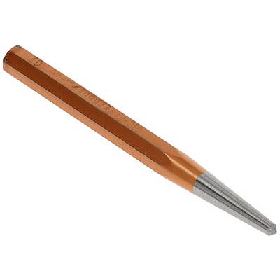 An orange centre punch tool for metalworking with a sharp, silver tip, used for marking points on metal.