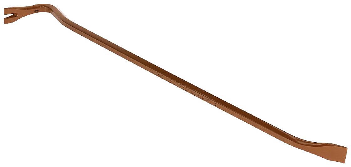 A red crowbar with a flat and a curved end. Commonly used for removing nails and levering up planks.