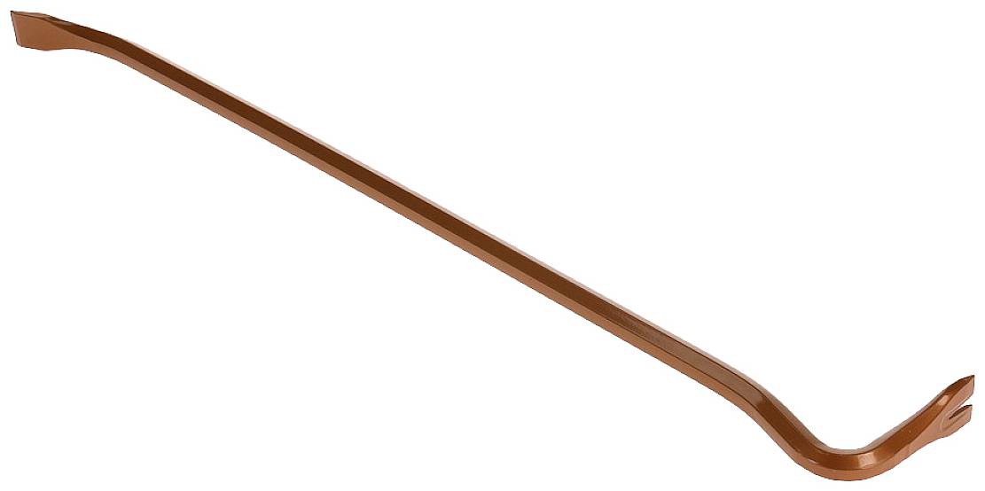 A copper-coloured crowbar with a curved and flat end, typically used for levering or prying open.