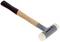 Rubber mallet with a wooden handle, grey metal head, and white plastic covering on the ends, set against a white background.