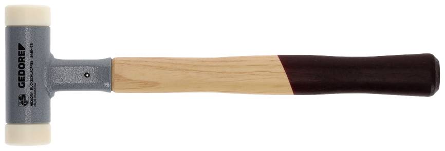 A plastic hammer with a wooden handle, blue metal head, and white plastic attachments. Suitable for precise, delicate work.