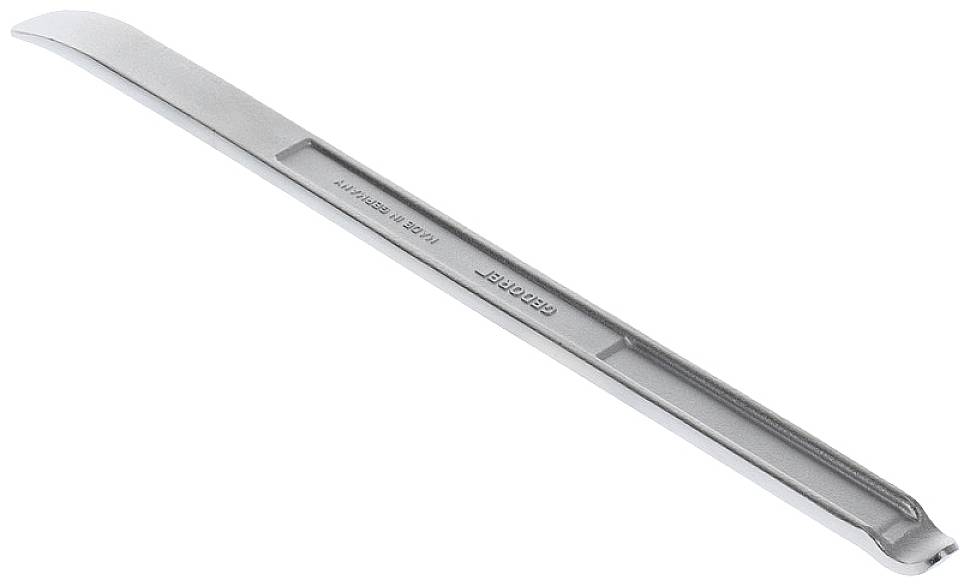 A silver tyre lever lies at an angle on a white background. It has a curved tip and a flat edge for mounting tyres.
