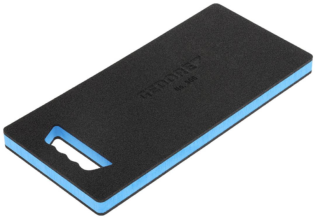 Black, rectangular knee pad with blue edging and grip recess, for gardening or manual work.