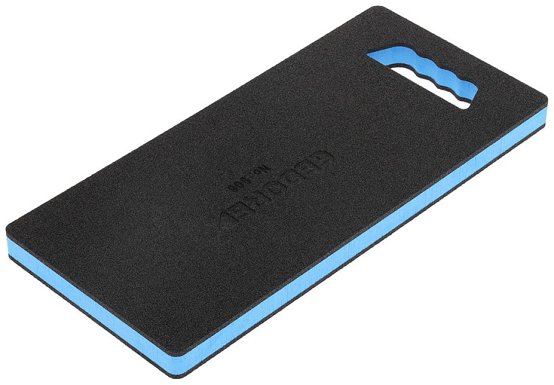 Black, rectangular knee pad with blue trim and ergonomic handle. Suitable for gardening or home projects.