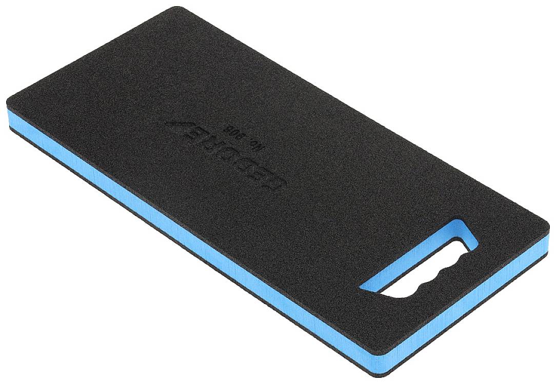 Black, rectangular kneeling pad with blue edging and handle. Suitable for garden or construction work to protect the knees.