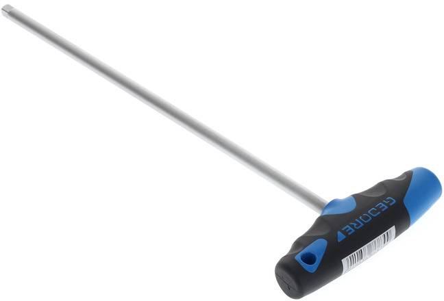 Long T-Handle Hexagon Key with blue-black handle, used for loosening or tightening screws.