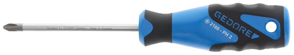 A blue screwdriver with an ergonomic handle, featuring the "Gedore" brand logo and a cross-head screw tip.