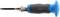 A blue and black screwdriver with an ergonomic handle lies horizontally.