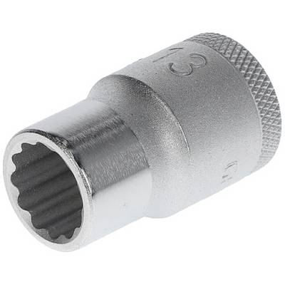 Hexagonal metal socket, shiny, with grooves along the upper edge. Suitable for use with ratchet tools.