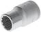 Hexagonal metal socket, shiny, with grooves along the upper edge. Suitable for use with ratchet tools.