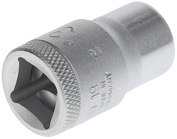 Metal socket with square opening, knurled handle and 'D 19' engraving on the side.