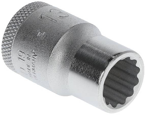 Metal socket, cylindrical in shape, silver in colour, with a knurled handle and engraved markings.