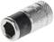 'Close-up of a metal socket key, cylindrical design with ridged edge and embossed lettering.'