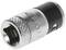 Metallic socket insert with a knurled surface and hexagonal internal profile.