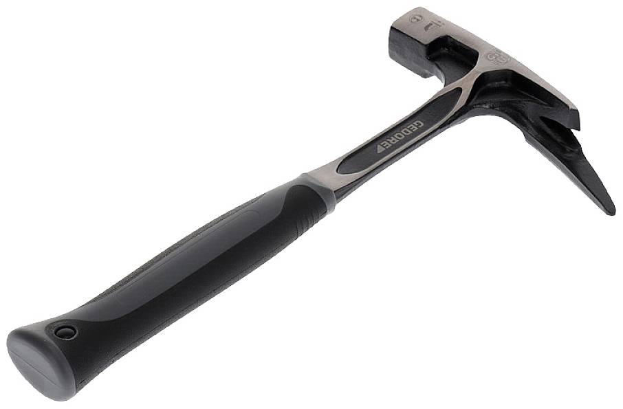 A geologist's hammer with a black handle and silver head, one side flat and the other pointed. Used for rock samples.