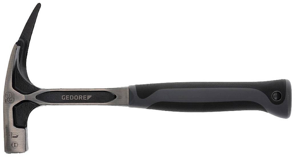 A black hand hammer with a curved metal head and rubber grip, with 'Gedore' printed on it, lies horizontally.