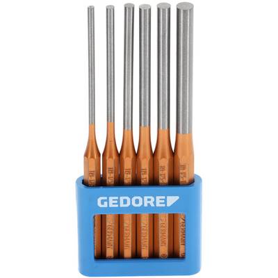 Six orange screwdrivers with silver tips in a blue holder marked 'GEDORE'.