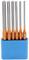 A set of orange HSS deburring tools with cylindrical shanks in a blue plastic holder, various sizes.