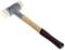 A soft-face hammer with a light blue head and rubber-coated ends and a wooden handle. Excellent for delicate work.