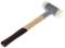 Mallet with plastic heads, grey-painted steel head and brown wooden handle.
