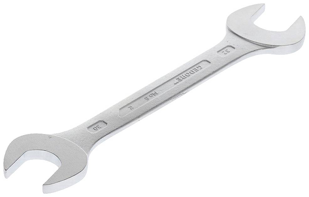 A silver spanner with two differently sized jaw openings, suitable for various bolt sizes.