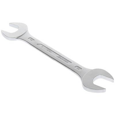 A silver spanner with two open-ended jaws of different sizes, lying on a white surface.