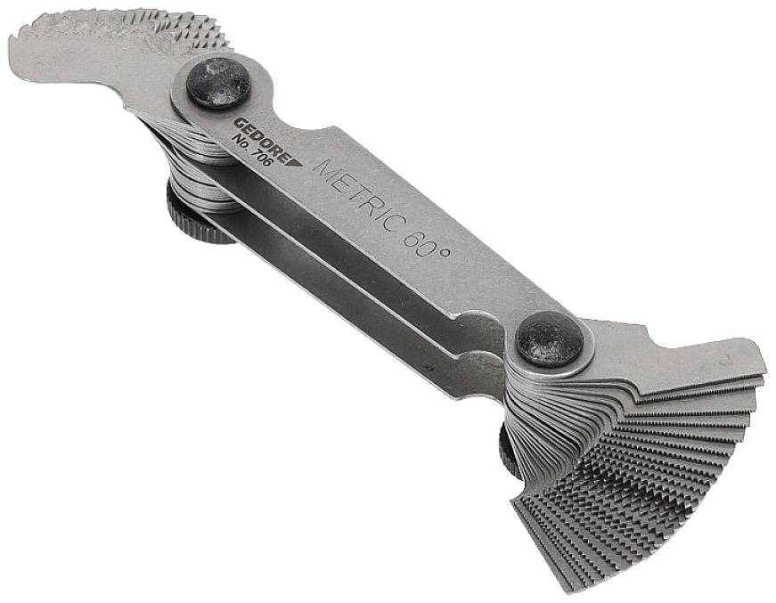 Metallic thread gauge with multiple blades, labelled 'METRIC 60°', used for measuring thread pitches.