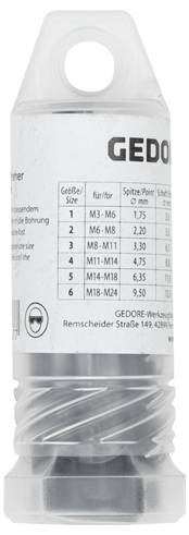 Packaging of a GEDORE tool with table: Thread sizes M3-M18, bore diameter 1.75-9.50 mm. Plastic cap on top.