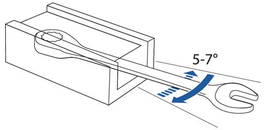A wrench secured in a box is being tilted at an angle of 5-7 degrees, demonstrating a mechanism for access or movement.