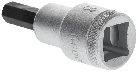 A hexagonal metal socket key with engraved markings. Used for screws with a corresponding head.