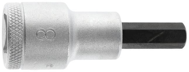 A silver socket adapter with a black hexagonal bit, suitable for hand tools, on a white background.