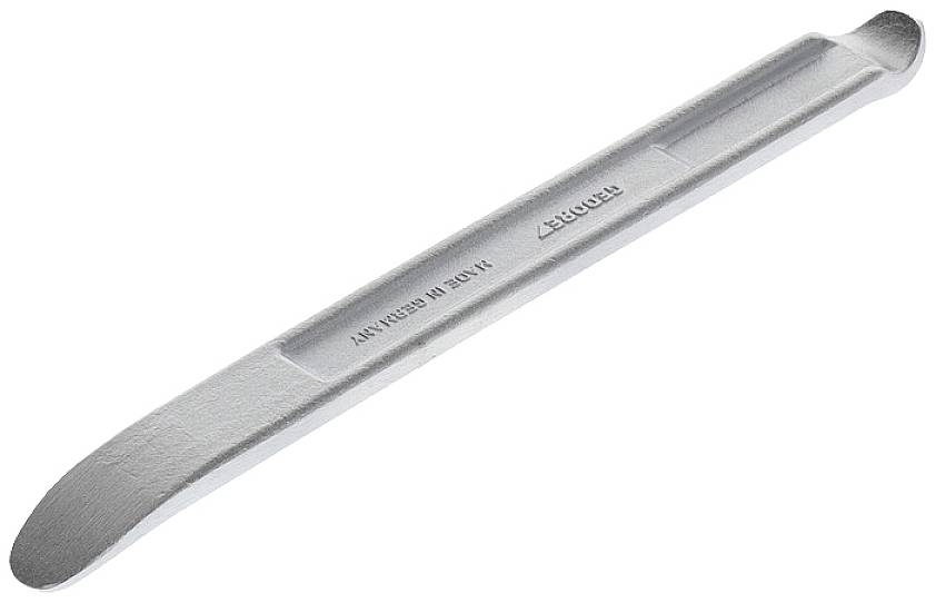 Metal tyre lever used for removing tyres during mounting or dismounting of vehicle wheels.