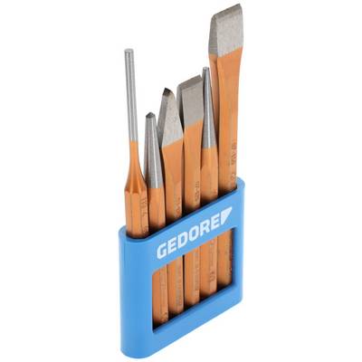A set of six blue and orange GEDORE tools in a blue holder, including chisels and centre punches.