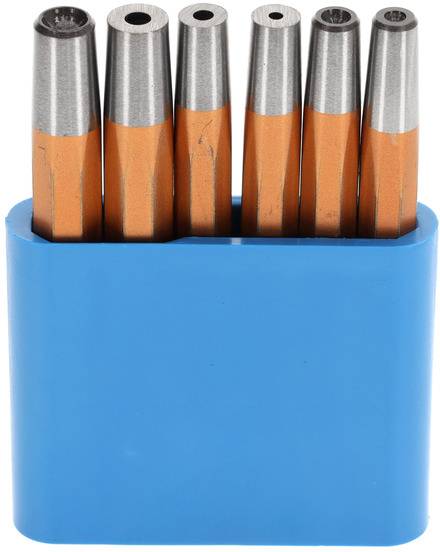 Six orange pencils with silver ends in a blue holder, arranged evenly.