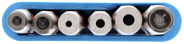 Six silver honeycomb-shaped metal rods side by side in a blue plastic holder.