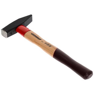 Blacksmith's hammer with red and black head, wooden handle; suitable for hammering nails and for construction work.
