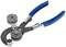 Pliers with blue handles and two round attachments, used for working with metal parts.