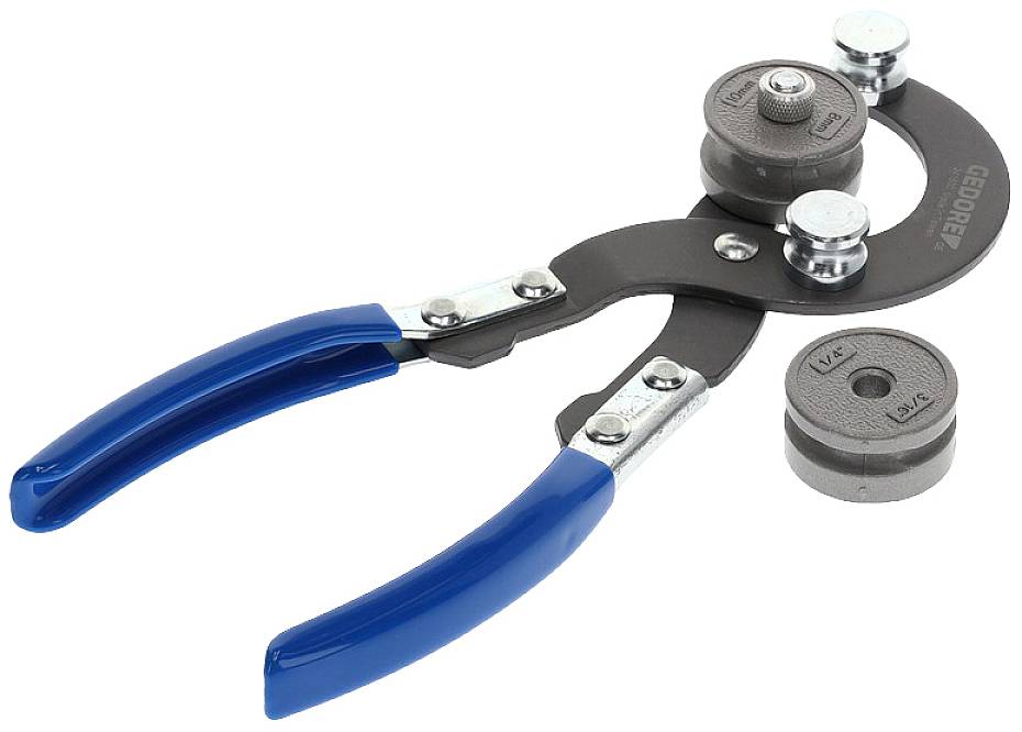 Hand-operated bending machine with blue handles, designed for manually forming tubes or wires; suitable for precise metalworking.