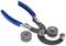 Cable stripping tool with a blue handle, featuring multiple removable circular discs.