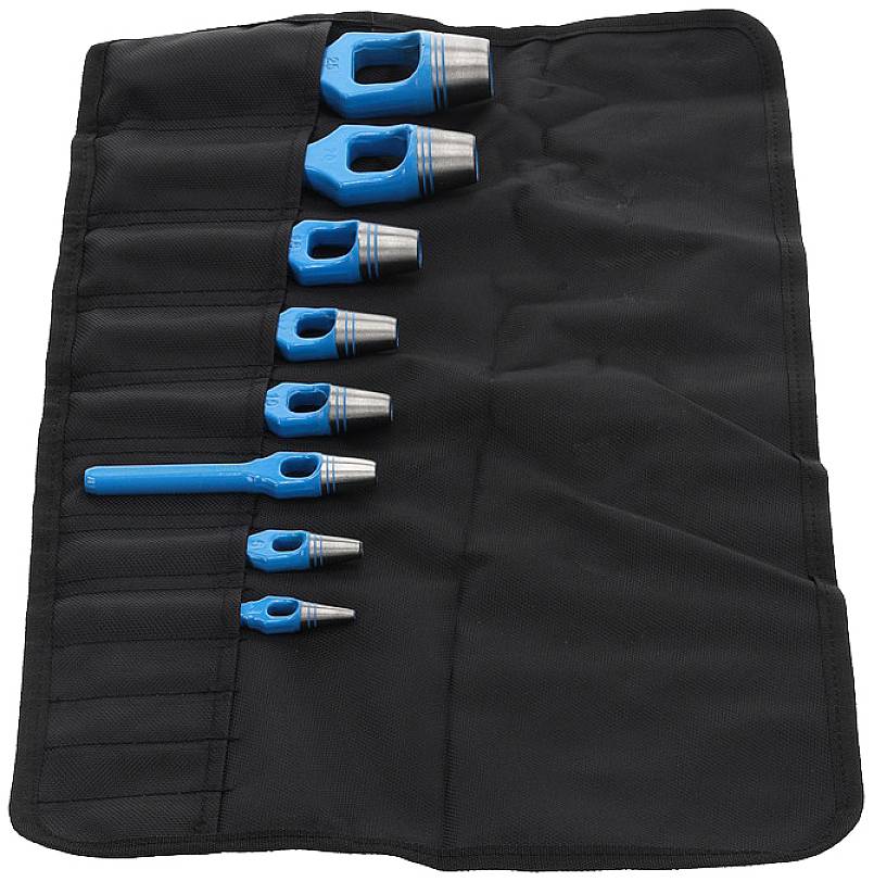Eight blue, conical drill bits in a black fabric bag, arranged in varying sizes, with metallic tips.