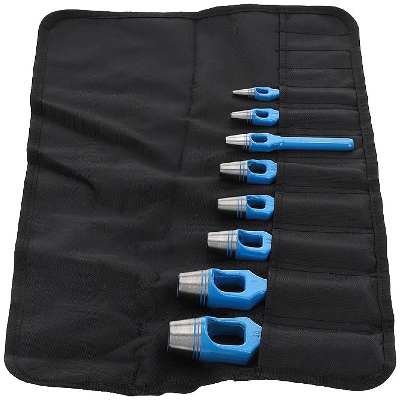 A black tool case with seven blue hole punches in different sizes and a blue handle, arranged side by side.