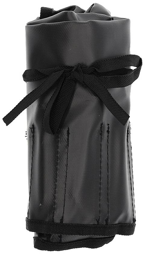 A rolled-up, black bag, tied with a ribbon. It is made from a robust material.