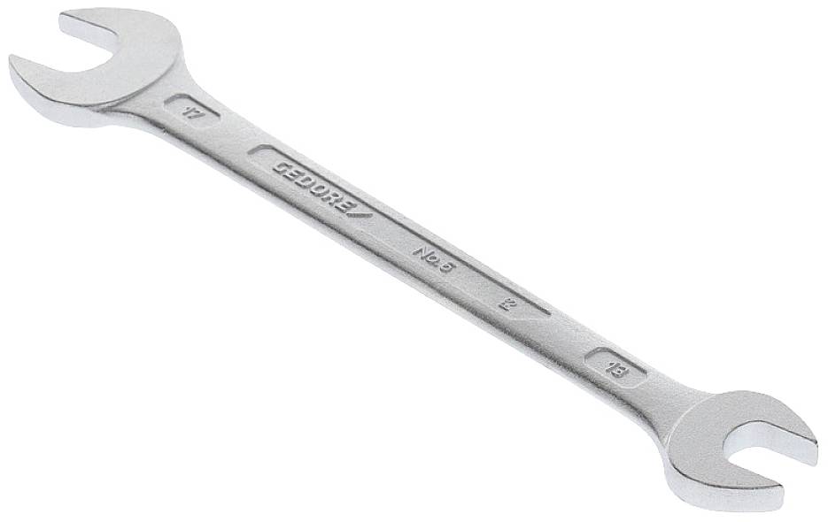 A silver double-ended spanner with size markings of '17' and '19' on the left and right ends. It looks clean and brand new.