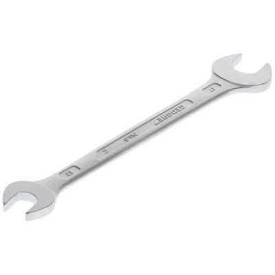 Metal spanner with two differently sized jaw openings at the ends, lying on a white surface.