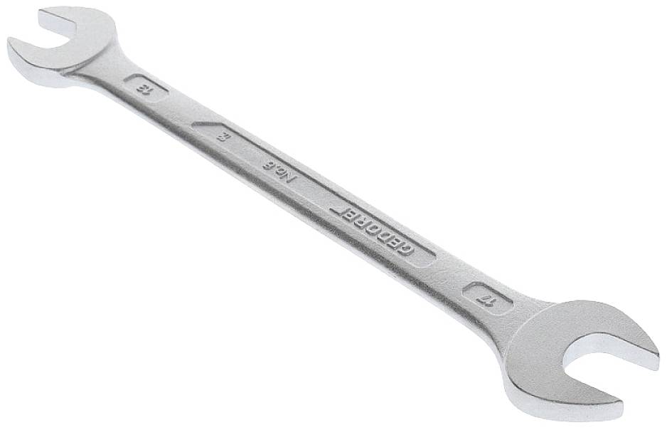 A silver double-ended spanner with 17mm and 19mm sizes, placed on a white background. Tool for screw-related work.