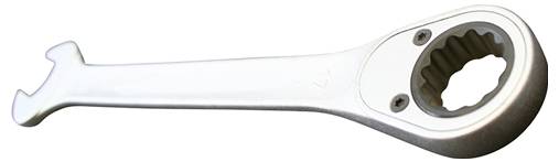 A silver ratchet wrench with a ring end and open-end for tightening or loosening nuts and bolts, set against a white background.