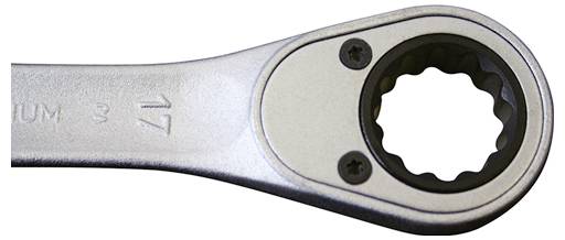 'A close-up of a metallic ratcheting wrench showing the gear mechanism inside the socket, highlighting its design and functionality.'