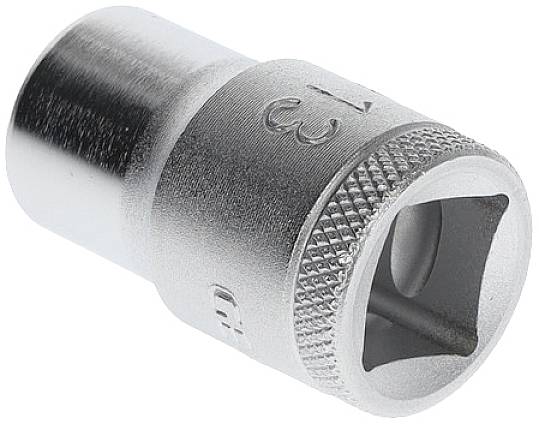 Metallic socket wrench insert, cylindrical in shape with a knurled handle and square opening at one end, engraved with '13'.