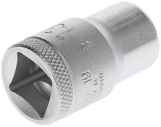 Metal socket wrench, round, with a knurled handle and square housing.